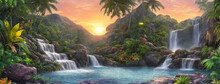 Fantasy Landscape With Waterfalls, Panorama. Generative AI