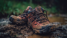 Dirty Hiking Boots Trekking Through Muddy Terrain Generated By AI