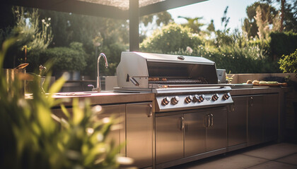 Poster - Fresh food cooked on modern stainless steel grill generated by AI