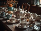 Fototapeta  - A cozy and inviting tea party scene unfolds on a table