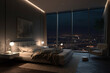 bedroom with breathtaking city view at night, Generative AI