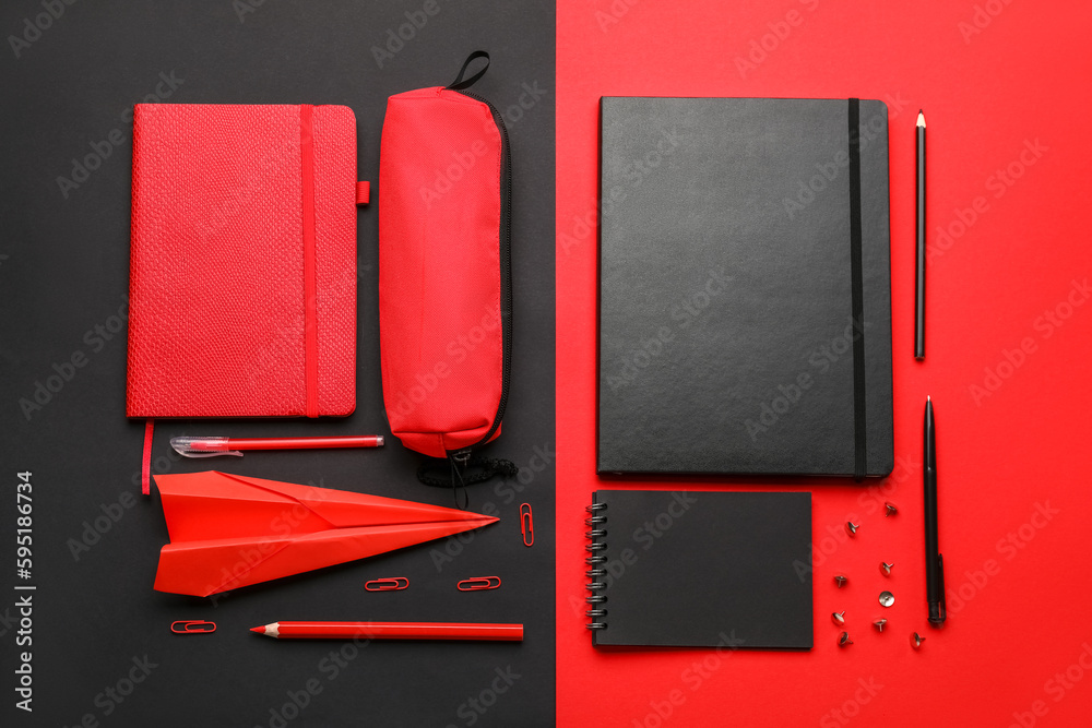 Composition with, notebooks stationery supplies and paper plane on color background