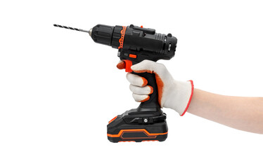 Wall Mural - Worker's hand in gloves holding cordless drill-screwdriver. Isolated on white.