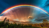 Fototapeta Tęcza - Majestic rainbow over tranquil forest landscape scene generated by AI