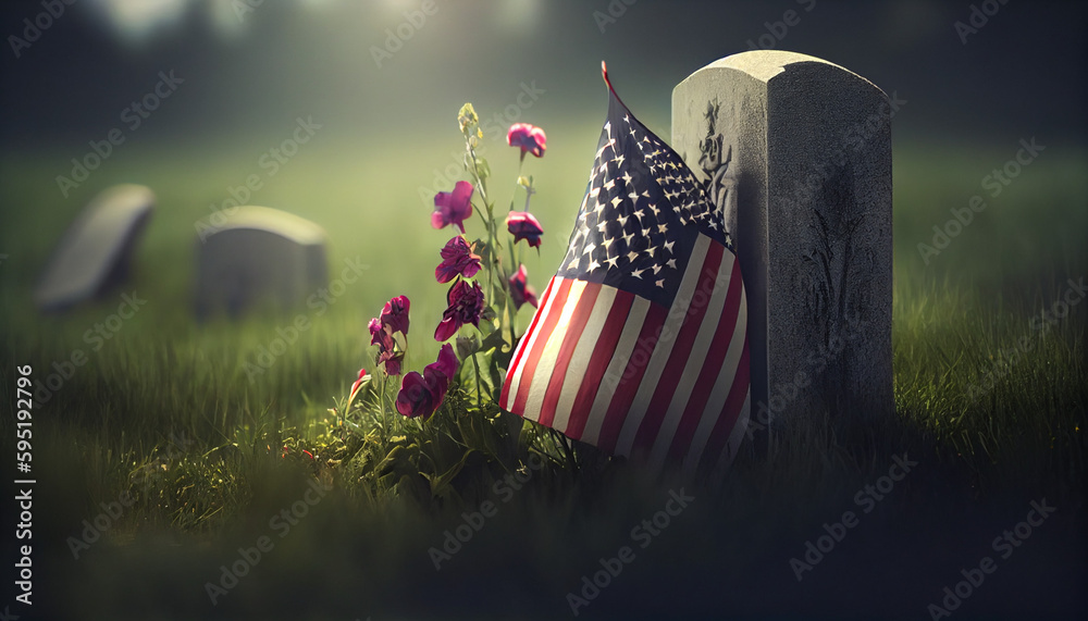 American flag laying on grave at the peaceful flowers. Concept National ...