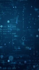 Poster - Motion graphic of Blue digital artificial intelligence (AI) icon and data matrix simulation with futuristic HUD screen technology on blue abstract background vertical video concept