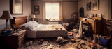 Fototapeta  - A dirty dull messy bedroom that needs a deep cleaning. Untidy and unhygienic behavior of a depressed and lazy person (generative AI)