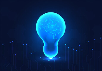 Poster - Light bulb has a brain inside. Refers to the brain of the artificial intelligence system that helps humans come up with new job ideas to offer customers and also helps solve business problems.