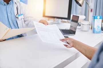 Canvas Print - Document, folder and doctor hands with patient giving information for medical history and health insurance. Professional people or medical worker with paperwork, consultation sign up or registration