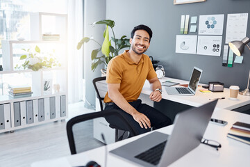 Poster - Portrait, office workspace or happy man, business employee or male agent relax after laptop research. Web designer, SEO success or male person with job, brand agency or done with UX webdesign