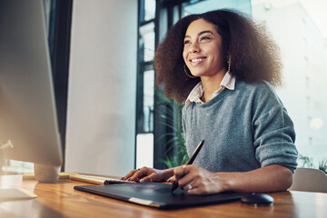 Aufkleber - Happy woman, drawing and digital tablet of graphic designer, writing or sketching at the office. Creative female with smile in design working on project, sketch or deadline on technology for startup
