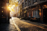 Fototapeta Uliczki - Charming cobblestone street in a quaint German town at sunset - generative AI