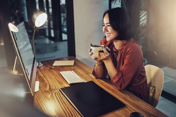 Aufkleber - Coffee, computer or business woman in office at night excited for planning, email or design idea. Tea, happy or satisfied smile for asian female entrepreneur reading proposal plan for evening startup