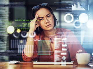business headache, stress and asian woman gets a cyber security attack, virus or glitch. anxiety, de