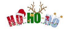 Ho Ho Ho - Hand Written Santa Phrase. Doodle Text With Santa Hat, Antler And Garlands. Christmas Element For Poster, Banner, T Shirt, Card, Flyer. Vector Illustration