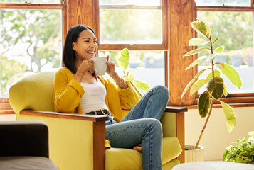 Poster - Relax, smile and woman on couch, coffee and peace with happiness, calm and peaceful in lounge. Female on sofa, happy and person in living room, gratitude and weekend break with self care in home