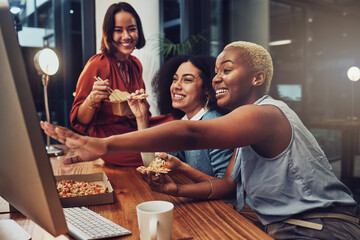 Poster - Night work, happy and women with food for a deadline, coworking and overtime with computer proposal. Laughing, funny meme and business people reading communication on a pc while eating in late shift