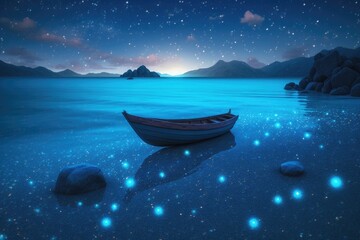 Wall Mural - boat on the sea with shiny stars at the night. generative ai.