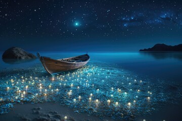 Wall Mural - boat on the sea with shiny stars at the night. generative ai.