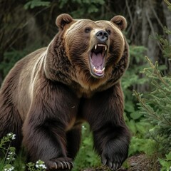 grizzly bear roars, forest background. generative ai.