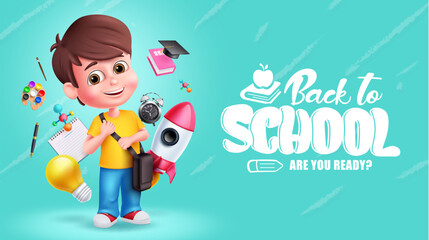 Poster - back to school text vector design. school young boy character with learning educational supplies ele