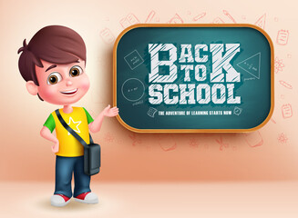 Wall Mural - Back to school boy character vector design. School young little kid presenting and teaching concept. Vector illustration educational background.  