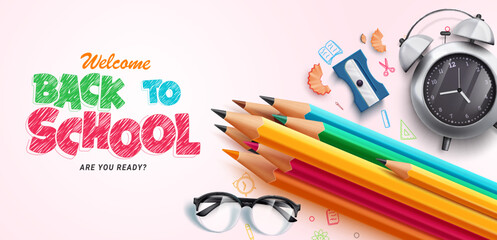 Back to school vector design. Back to school greeting text with color pencil supplies and art drawing tools in background. Vector illustration school educational design.