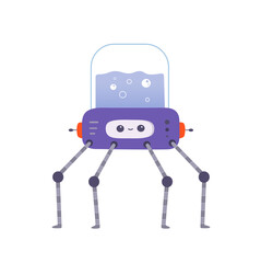 Cute toy robot spider, purple cyber monster with many mechanical legs, happy smile