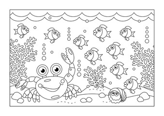 Wall Mural - Underwater coloring page with crab and sea life scene
