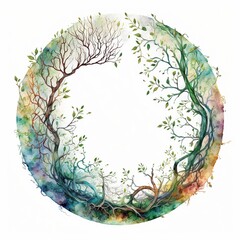 Wall Mural - Watercolor painting of intricate tree roots and vine arranged in circular pattern. Plant and foliage in round shape frame with empty space in middle for invitation card. Superb Generative AI