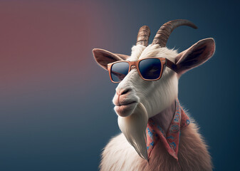 Wall Mural - Creative animal concept. Goat in sunglass shade glasses isolated on solid pastel background, commercial, editorial advertisement, surreal surrealism.