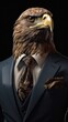Portrait of a fierce eagle wearing a business suit in front of a black studio background. Created using generative AI tools