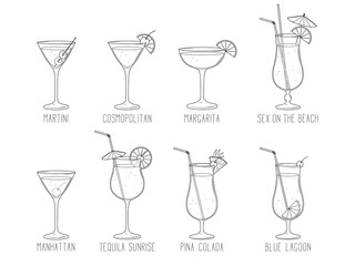 Alcoholic cocktail collection - blue lagoon, manhattan, martini, tequila sunrise, pina colada, margarita, sex on the beach, cosmopolitan. Illustration on transparent background