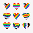 Set of LGBTQ Pride Heart. Heart Shape with LGBT Progress Pride Rainbow Flag Pattern. Pride month june. LGBT Heart wavy Rainbow Pride of Gay, Lesbian flag icon colorful concept. Vector Illustration.