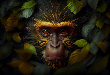 Poster - Beautiful abstract, surrealist monkey on autumn leaves background. Generative AI technology.
