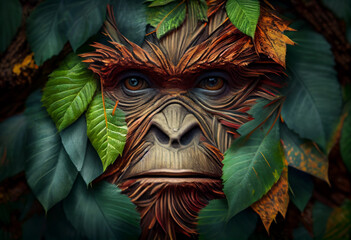 Poster - Beautiful abstract, surrealist monkey on autumn leaves background. Generative AI technology.
