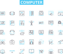 Computer linear icons set. Keyboard, Screen, Mouse, Software, Hardware, Processor, Memory line vector and concept signs. Storage,Internet,Nerking outline illustrations