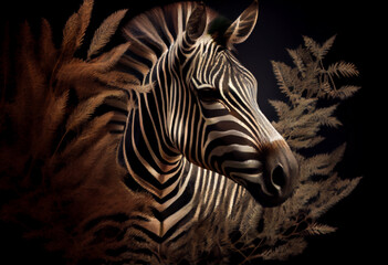 Poster - Beautiful abstract, Zebra on autumn leaves background. Generative AI technology.