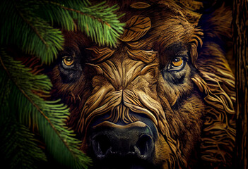 Poster - Beautiful abstract, Wood Bison on autumn leaves background. Generative AI technology.