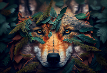 Poster - Beautiful abstract, Wolf on autumn leaves background. Generative AI technology.