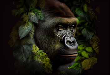 Poster - Beautiful abstract, Western Gorilla on autumn leaves background. Generative AI technology.