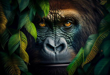 Poster - Beautiful abstract, Western Gorilla on autumn leaves background. Generative AI technology.