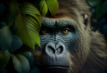 Wall Mural - Beautiful abstract, Western Lowland Gorilla on autumn leaves background. Generative AI technology.