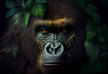 Poster - Beautiful abstract, Western Lowland Gorilla on autumn leaves background. Generative AI technology.