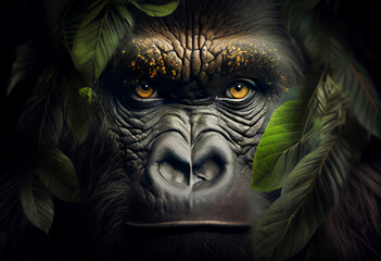 Poster - Beautiful abstract, Western Lowland Gorilla on autumn leaves background. Generative AI technology.