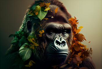 Poster - Beautiful abstract, Western Lowland Gorilla on autumn leaves background. Generative AI technology.