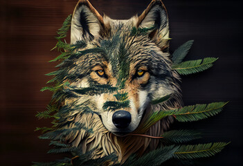 Poster - Beautiful abstract, Timber Wolf on autumn leaves background. Generative AI technology.