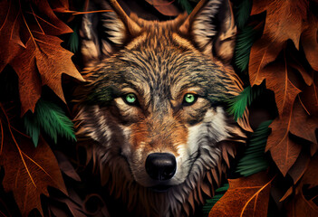 Poster - Beautiful abstract, Timber Wolf on autumn leaves background. Generative AI technology.
