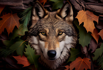 Poster - Beautiful abstract, Timber Wolf on autumn leaves background. Generative AI technology.