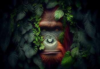 Poster - Beautiful abstract, Orangutan on autumn leaves background. Generative AI technology.